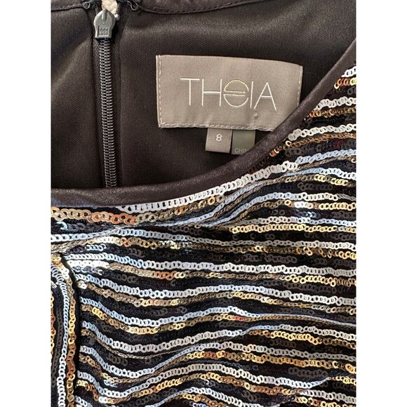 THEIA New Sz 8 Black & Gold Striped Sequin LS Evening Cocktail Dress $495 - Picture 7 of 16